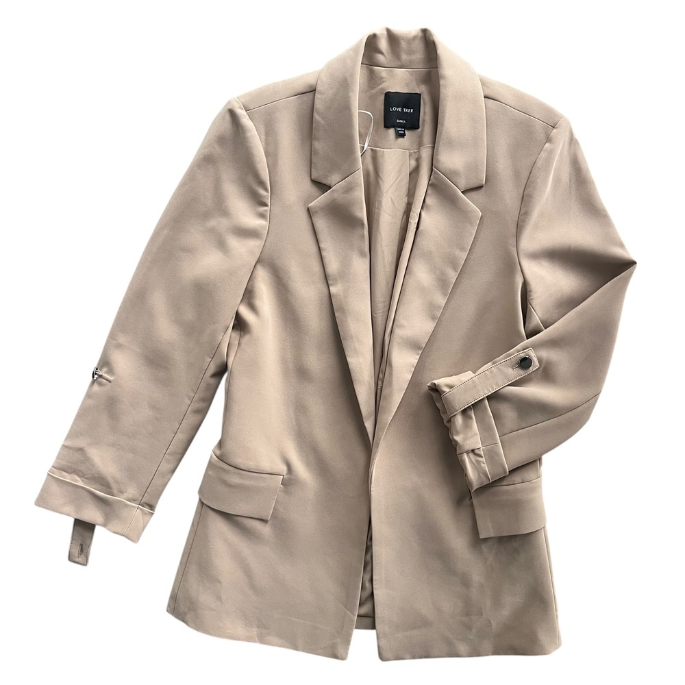 Love Tree Women's S Beige 3/4 Roll Tab Sleeves Open Front Business Career Blazer